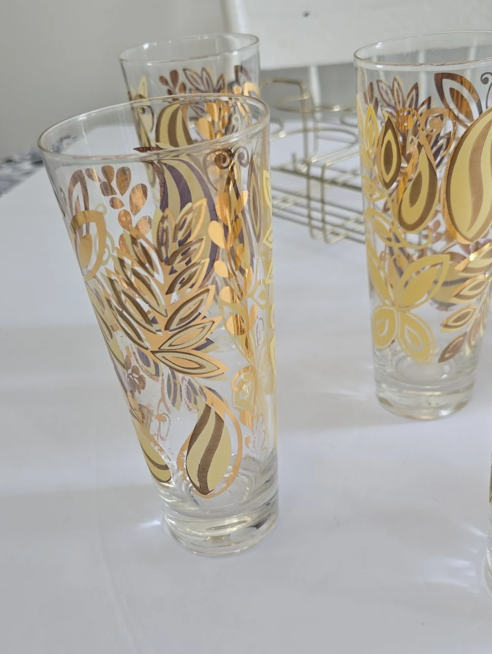 Vintage MCM Set Of 8 Gold Butterfly Leaf Botanical Tumblers With Carrier 12 Oz